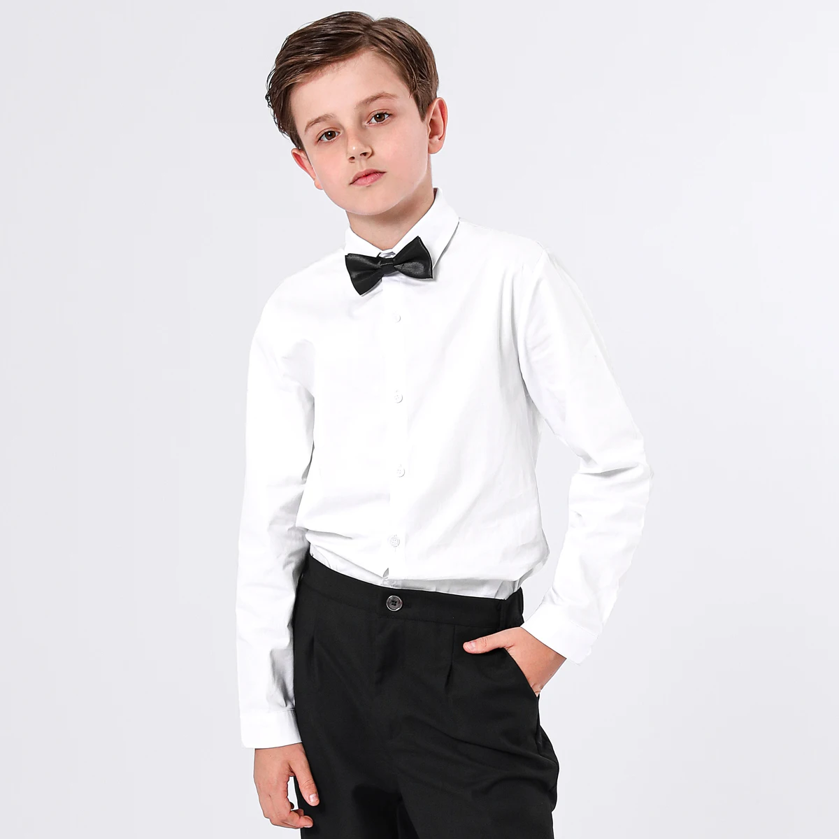 Boys Dress Shirt Kids School Uniform Long Sleeve with Bowtie Formal Gentleman Gift Perform Ceremony Clothes White 6 to 14 years