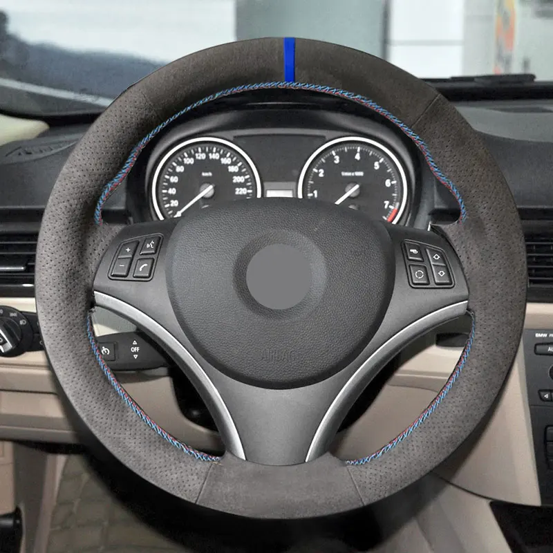 Car Interior Steering Wheel Cover For BMW 1 3 Ser E82 E87 E90 2006-2011 X1 E84 1.2mm Suede Leather Trim red blue line blue strip