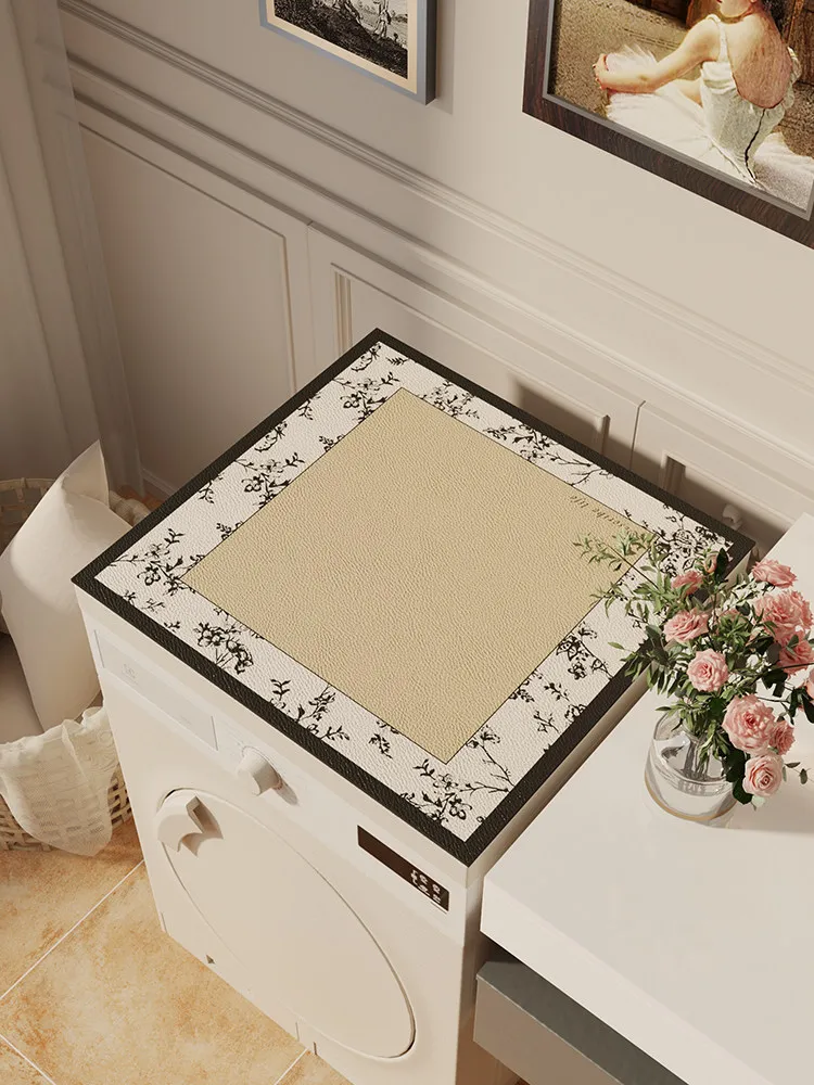 VIKAMA French Tiny Floral Washing Machine Top Mat Black Lace Border Waterproof Anti Dust Dryer Cabinet Surface Pad