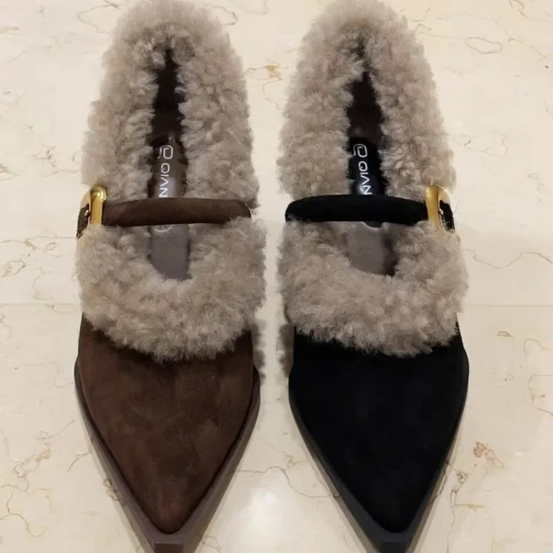 2024Elegant Metal Buckle Mary Janes  Chic  Brand Design Fur Low Heel Dress Shoes Ladies Winter Warm Plush Belt Pump Zapatos