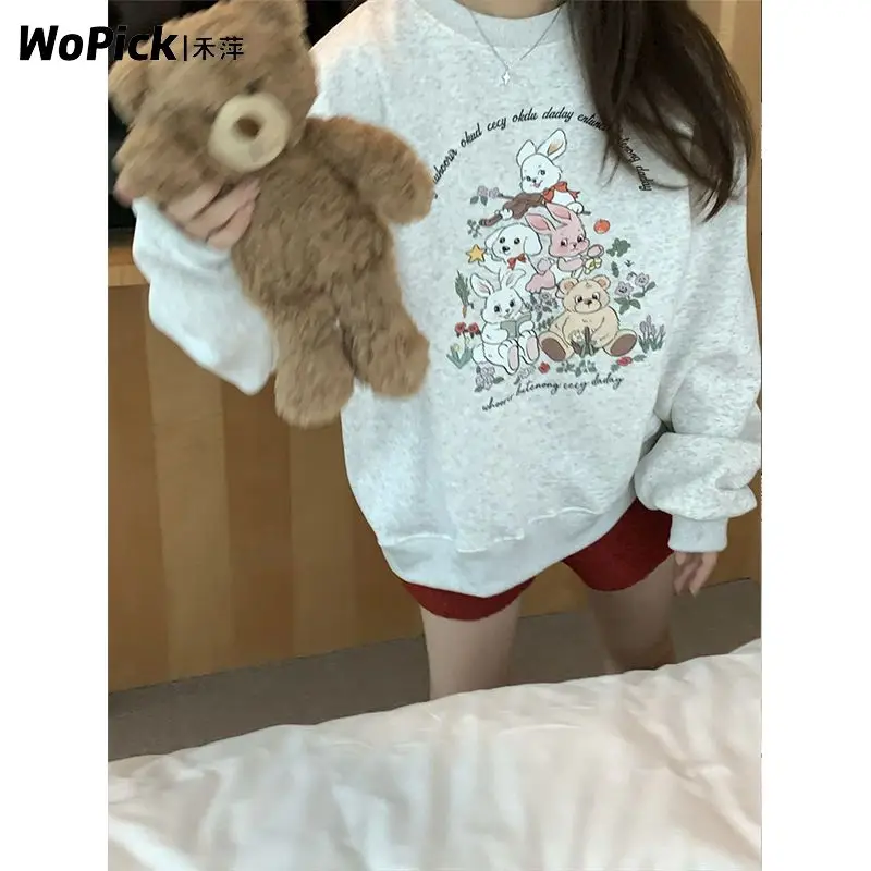 American Thick Velvet Winter Sweatshirt Women Girls Lovely Cute Rabbit Anime Hoodie O-neck Oversized Gray Y2K Top Kawaii Clothes