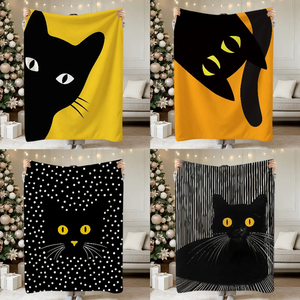 Modern Art Black Cat Polka Dots Cute Abstract Soft Warm Plush Blanket Dorm Sofa Living Room Hogar Bedroom Gift Nap Home Flannel
