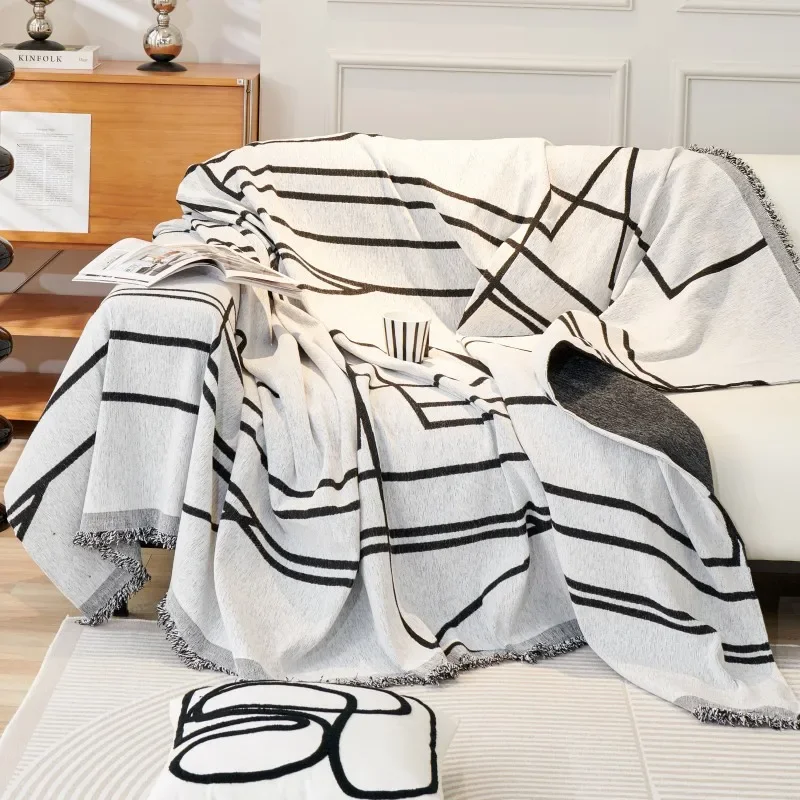 Black Lines Chenille Sofa Cover Cloth Sofa Blanket Cover Full Universal Couch Towel Dust Proof Sofa Cushion Cover