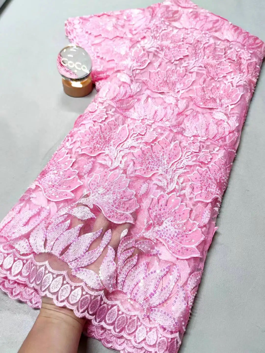 

2025 African Nigerian High-Quality Sequins Tulle Lace Fabric for Prom Dresses Beads Embroidery Sewing Net Cloth 5Yard XL108