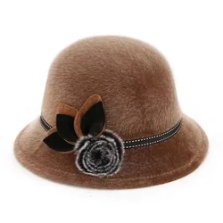 Vintage Elegancka czapka Fedoras Casual Basin Hat Melonik z kwiatkiem Damski kapelusz kopułowy Jesień Zima Wełniane czapki Wersja kapelusza przeciwsłonecznego