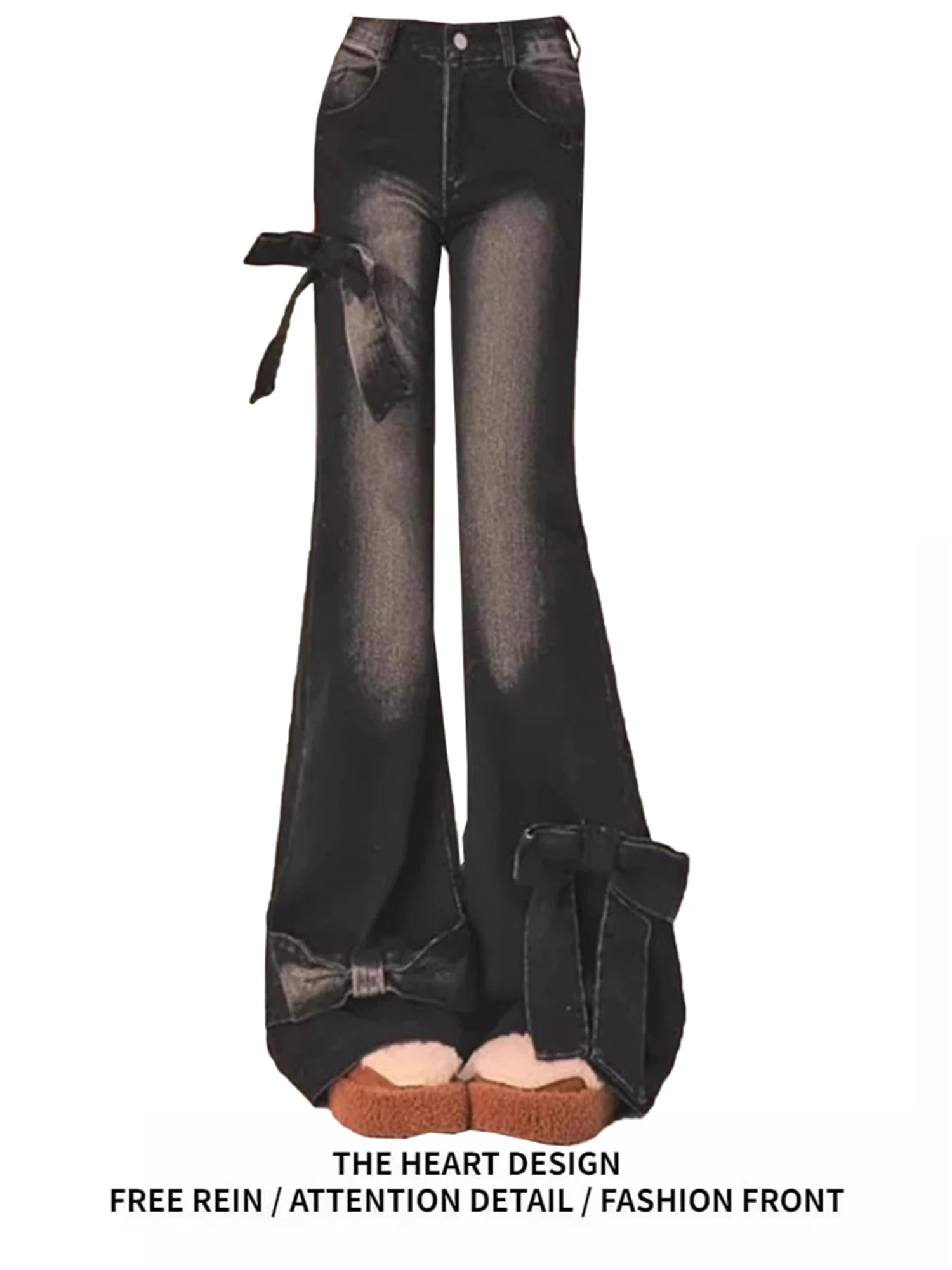 

Y2K Women's Black Denim Flare Jeans 2025 New Fashion Bowknot Decor Washed Effect High Waist Vintage Casual Streetwear Trousers