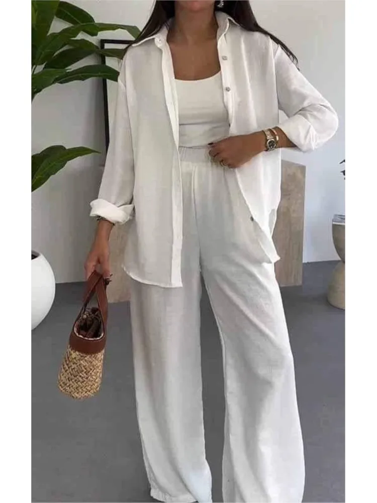 

2025 Spring Autumn Solid Color Loose 2 Piece Sets Women Long Sleeve Shirt + Wide Leg Pants Outfit Sexy Lapel Button Casual Suit