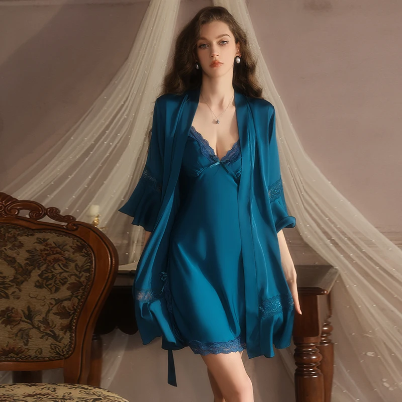 

New Pure Color Satin Sleepwear Set with Deep V Neck Padded Sleep Dress Outer Robe Home Clothes Set Comfortable Nightgown