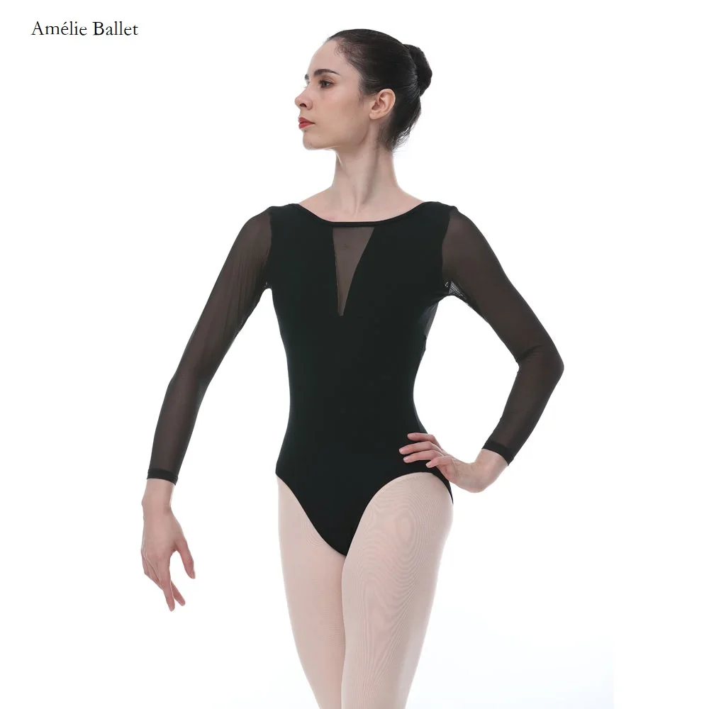 

01D0201 Free Shipping Adult Dance Letoards Long-sleeved Ballet Leotard Cotton Lycra Mesh Bodysuit for Women Practice Dancewear