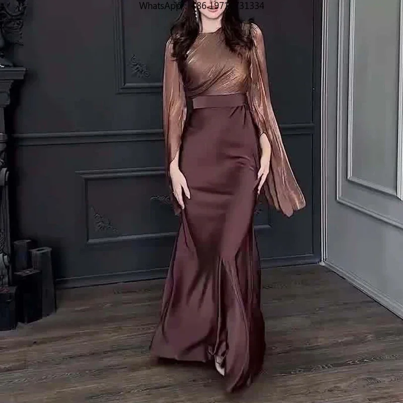 Women Solid Spliced Satin Maxi Dress O Neck Batwing Sleeve Hollow Out Slim Bodycon Evening Dress Spring Summer