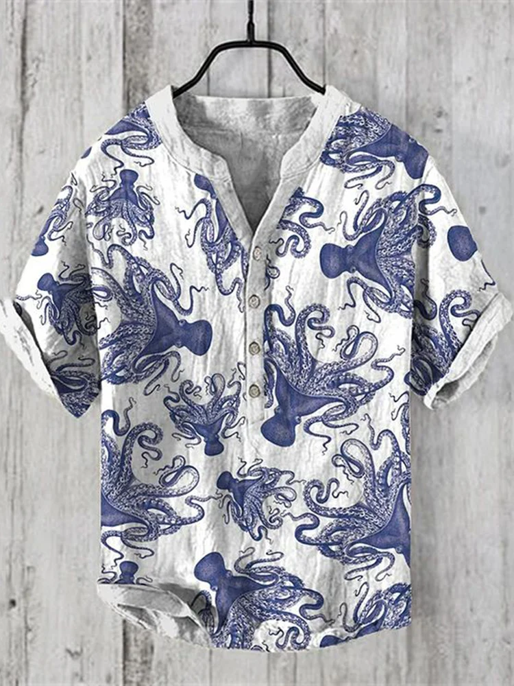 Amazon Octopus Series Printed Summer Men's Casual Linen Hawaiian Shirts Men's Vacation Beach Clothing Factory