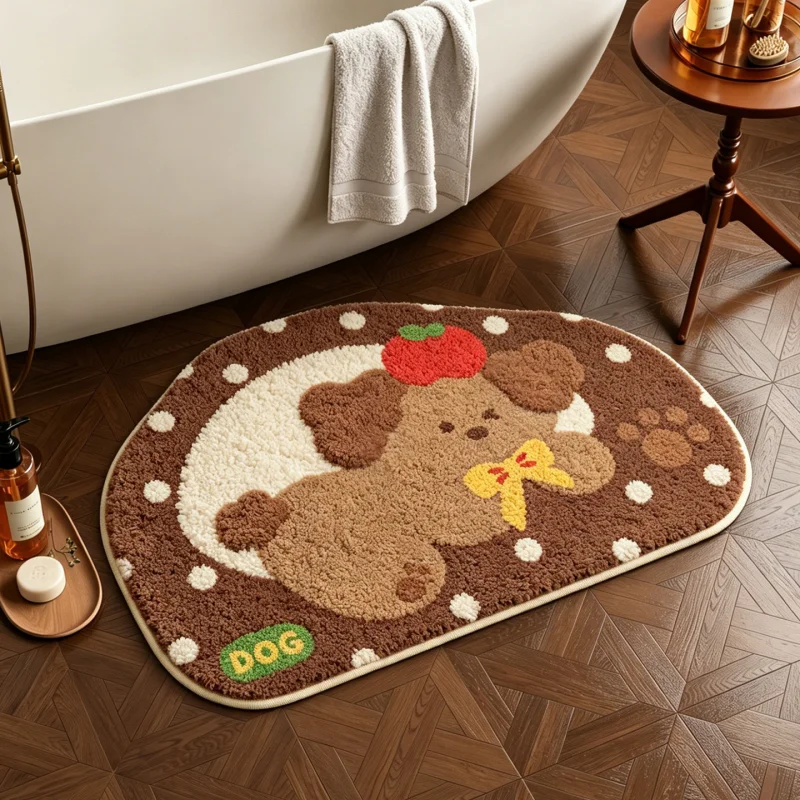 VIKAMA Cartoon Teddy Dog Semi Circle Rug Cute Puppy Polka Dot Non Slip Absorbent Mat Bathroom Bedroom Home Decoration
