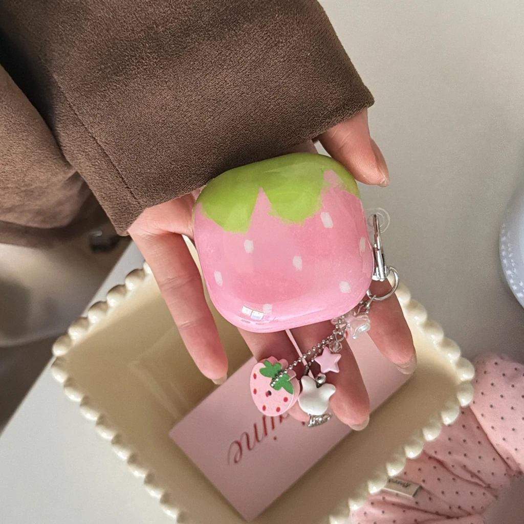 Pink Strawberry Sweet Playful Girlish Vibe With Pendant Protect Earphone Cover Case for Samsung Galaxy Buds 3 Pro 2 Pro FE Live