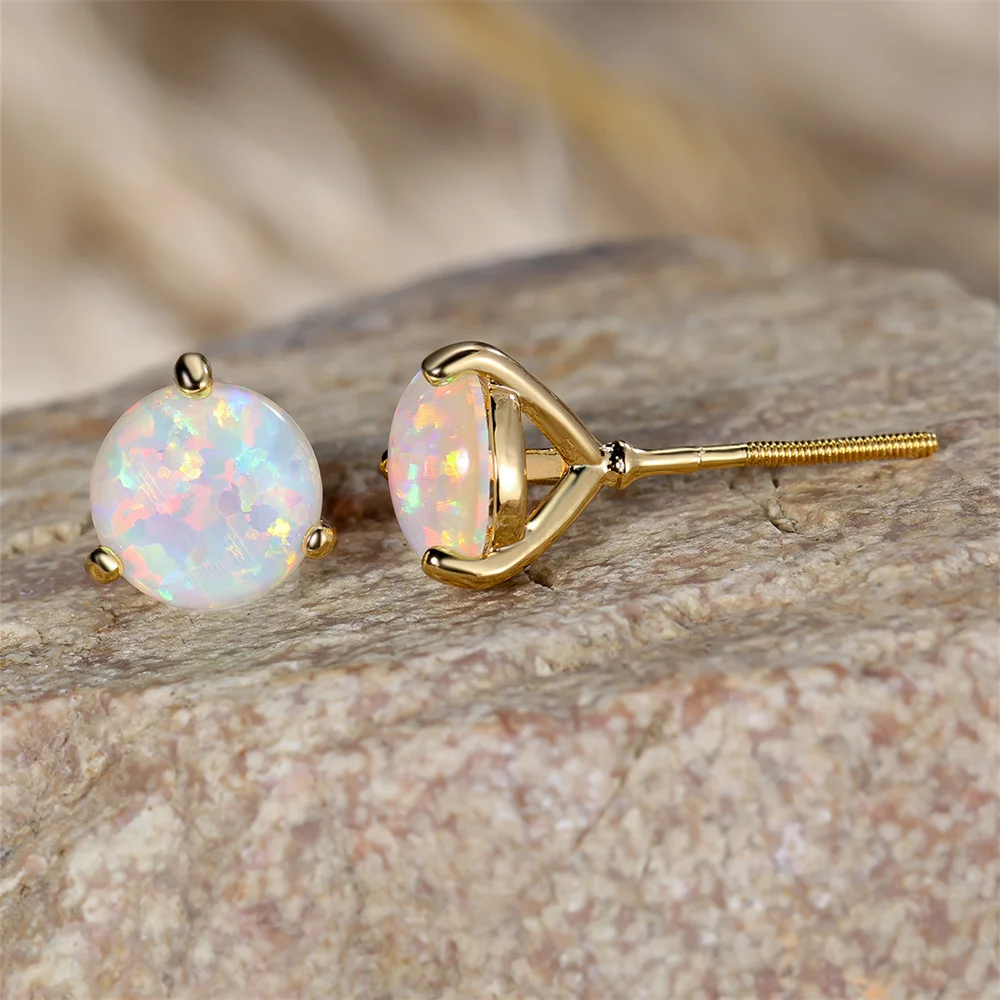 أقراط خلفية لولبية من الحجر المستدير للنساء ، مرصعة بعقيق أبيض ناري ، لون ذهبي عصري ، مجوهرات زفاف ، هدية بسيطة ، 6 * ، 7 * ، 8 * #2