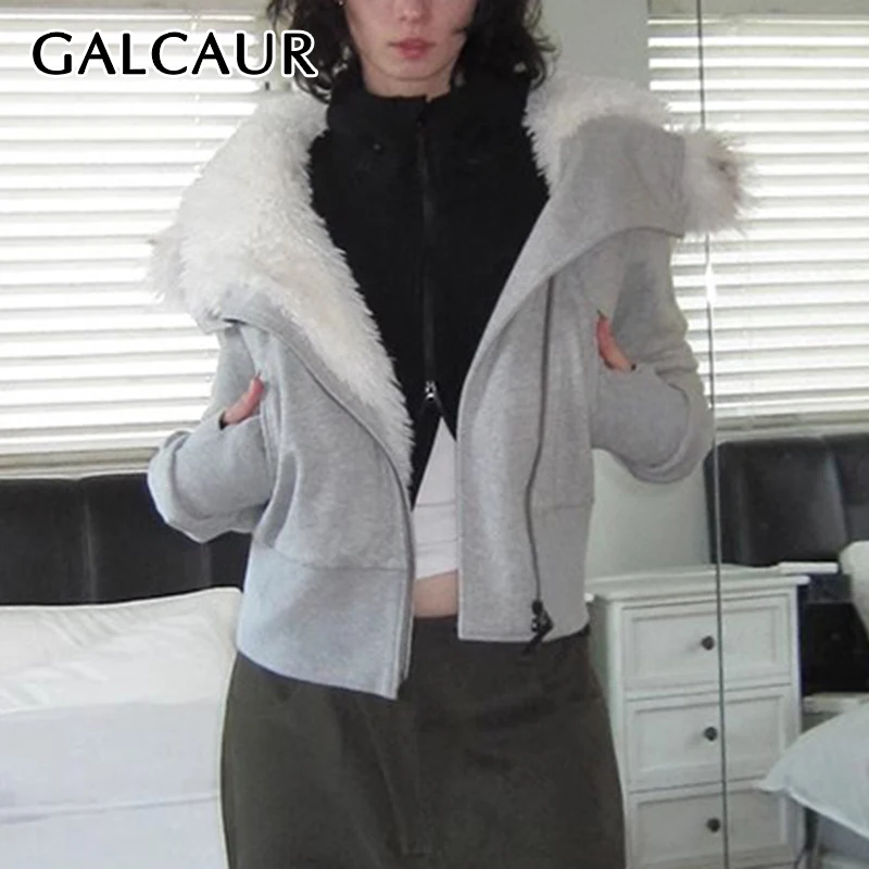 

GALCAUR Casual Short Coat For Women Hooded With Fur Long Sleeve Patchowork Zipper Tunic Streetwear Jacket Female Winter Clothes