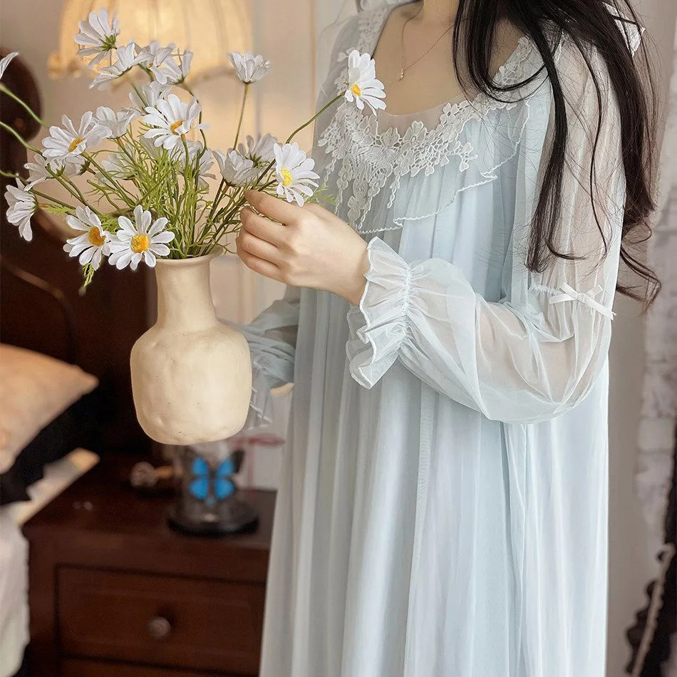 Blue Flower Fairy Princess Sleepwear Long Sleeve Mesh Pajamas Nightgowns for Women Autumn Spring Vintage Nightdress Home Suit