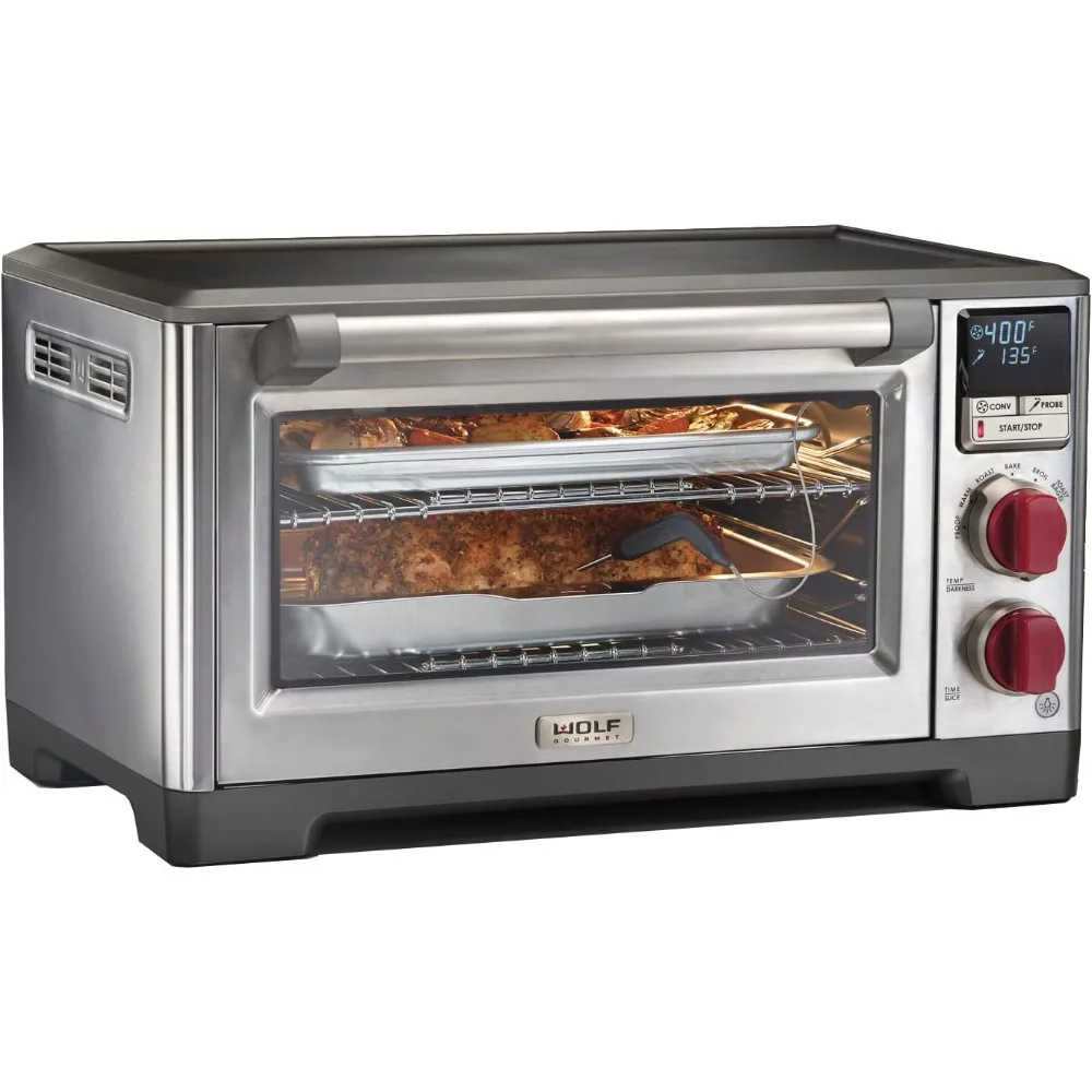 Elite Digital Countertop Convection Toaster Oven with Temperature Probe, Stainless Steel and Red Knobs