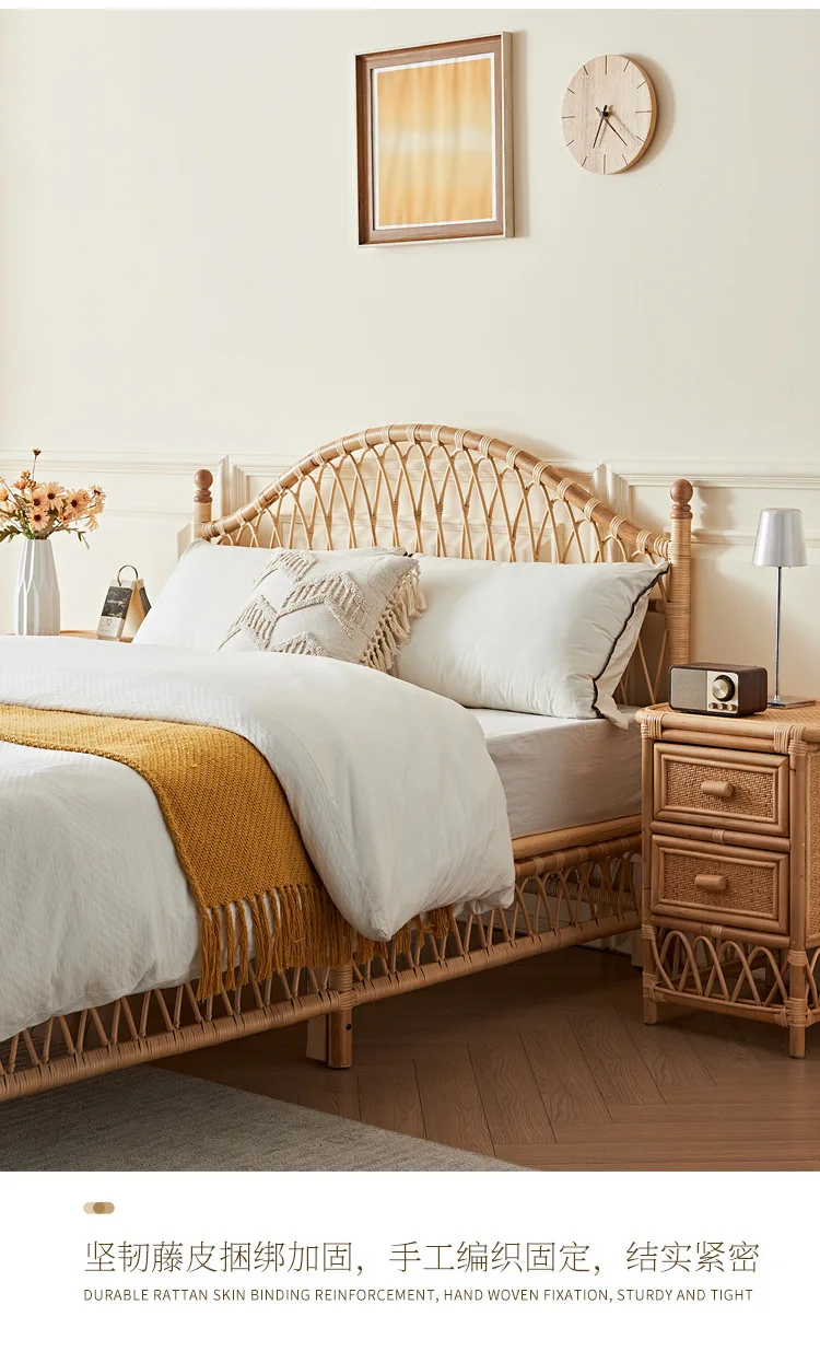 LMM Home Bedroom Handmade Rattan Bed Wabi-Sabi-Sabi Style Used 1.8-Meter Double Half-Moon Rattan Bed