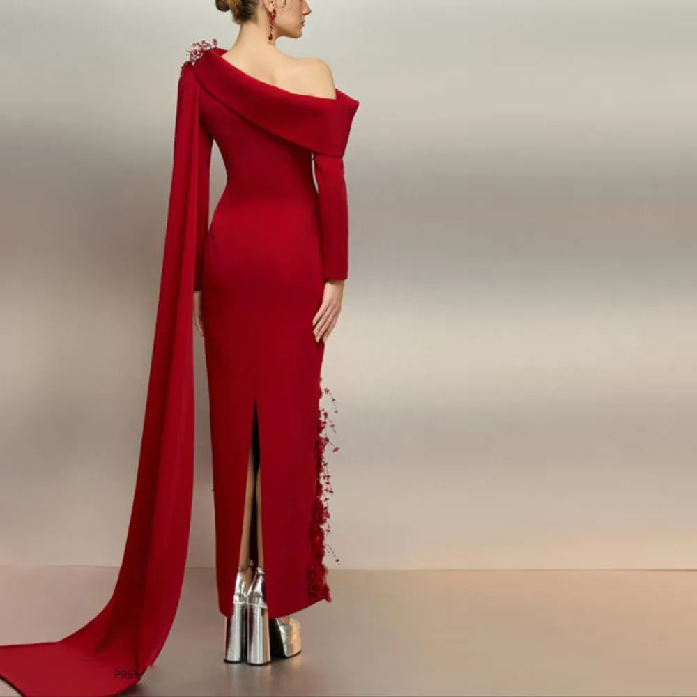 فساتين سهرة مخصصة قبالة الكتف مع كيب الأكمام 3D زهرة التفاصيل الظهر سبليت فستان حفلة موسيقية رسمية طول الكاحل