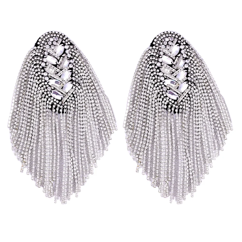 1Pair Silver Tassel Epaulet Brooch Pin Beads Rhinestone Shoulder Board Tassel Chain Shoulder Badge deco Jewelry Suit Accessories