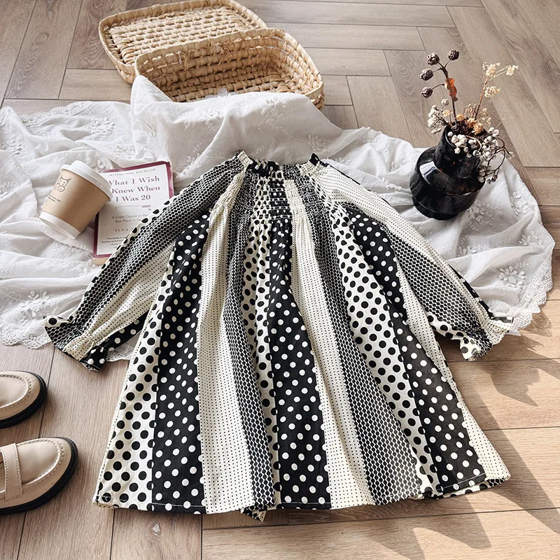 Korean Style Girls Long Sleeve Embroidered Dress Princess Skirt Polka Dot Stand Collar Autumn New Arrival Children's Clothing