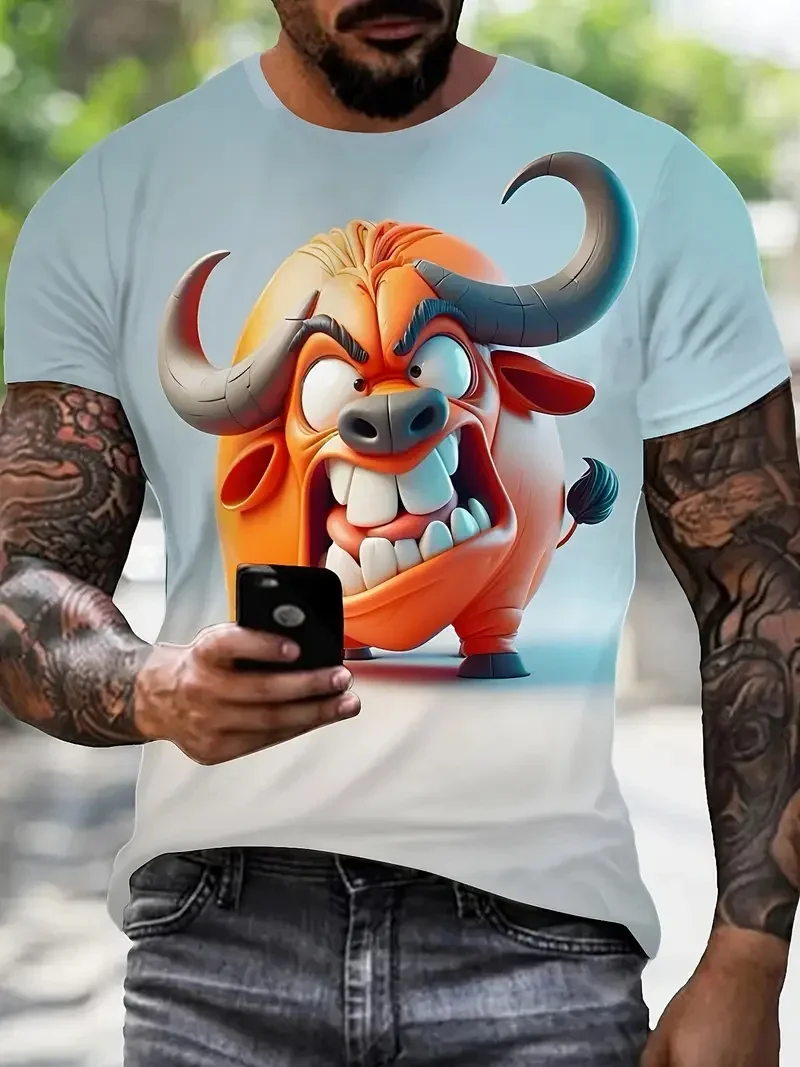 The Men's Casual Crew Collar 3D Bull-printed Short-sleeved, Oversized and Comical Bull-shaped T-shirt Is a Popular Summer T-shir