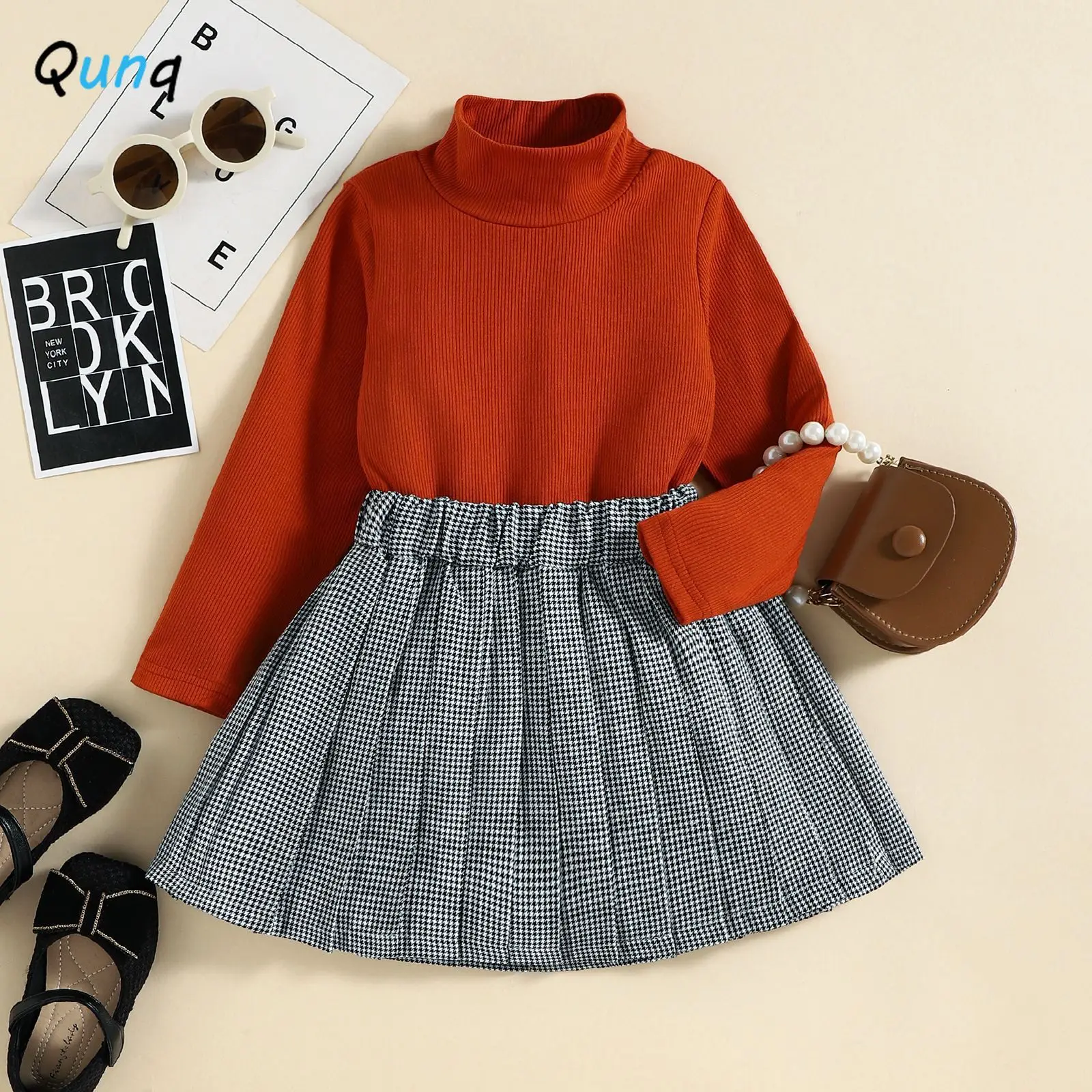 Qunq 2023 Autumn INS New Girls High Neck Long Sleeves Top + Thousand-Bird Check Skirt 2 Pieces Set Casual Kids Clothes Age 3T-8T