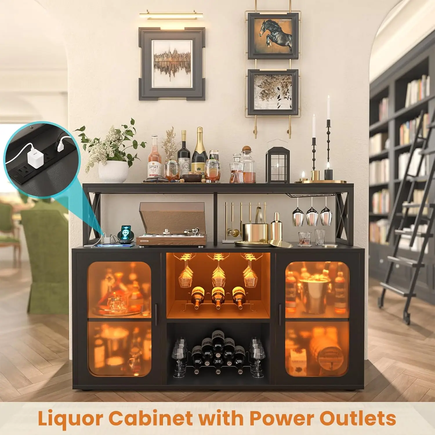 Armoire de Bar avec prises de courant, liqueur avec lumières Led et support en verre, Bar à café Buffet de rangement pour