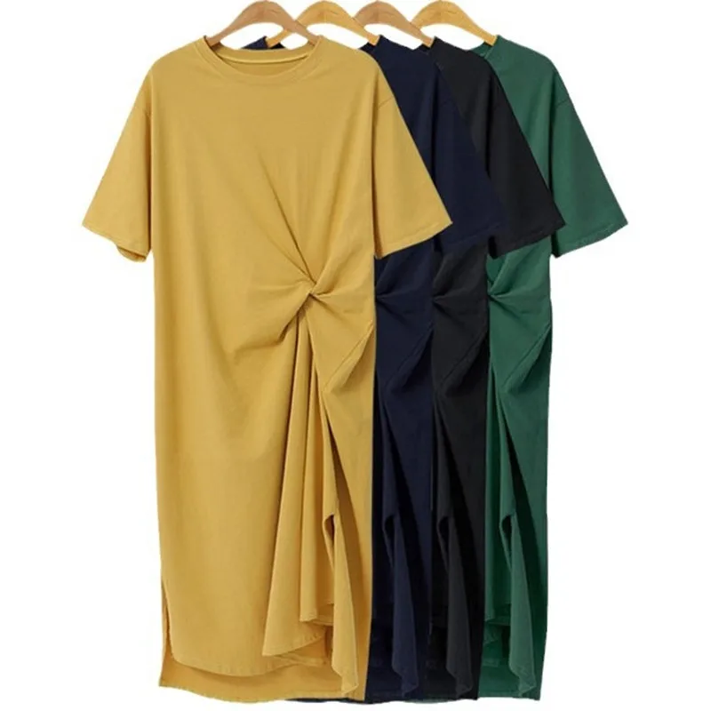 

Весенне-осеннее платье средней длины, хлопковое свободное повседневное платье с разрезом и короткими рукавами, большие до колена, ленивый стиль