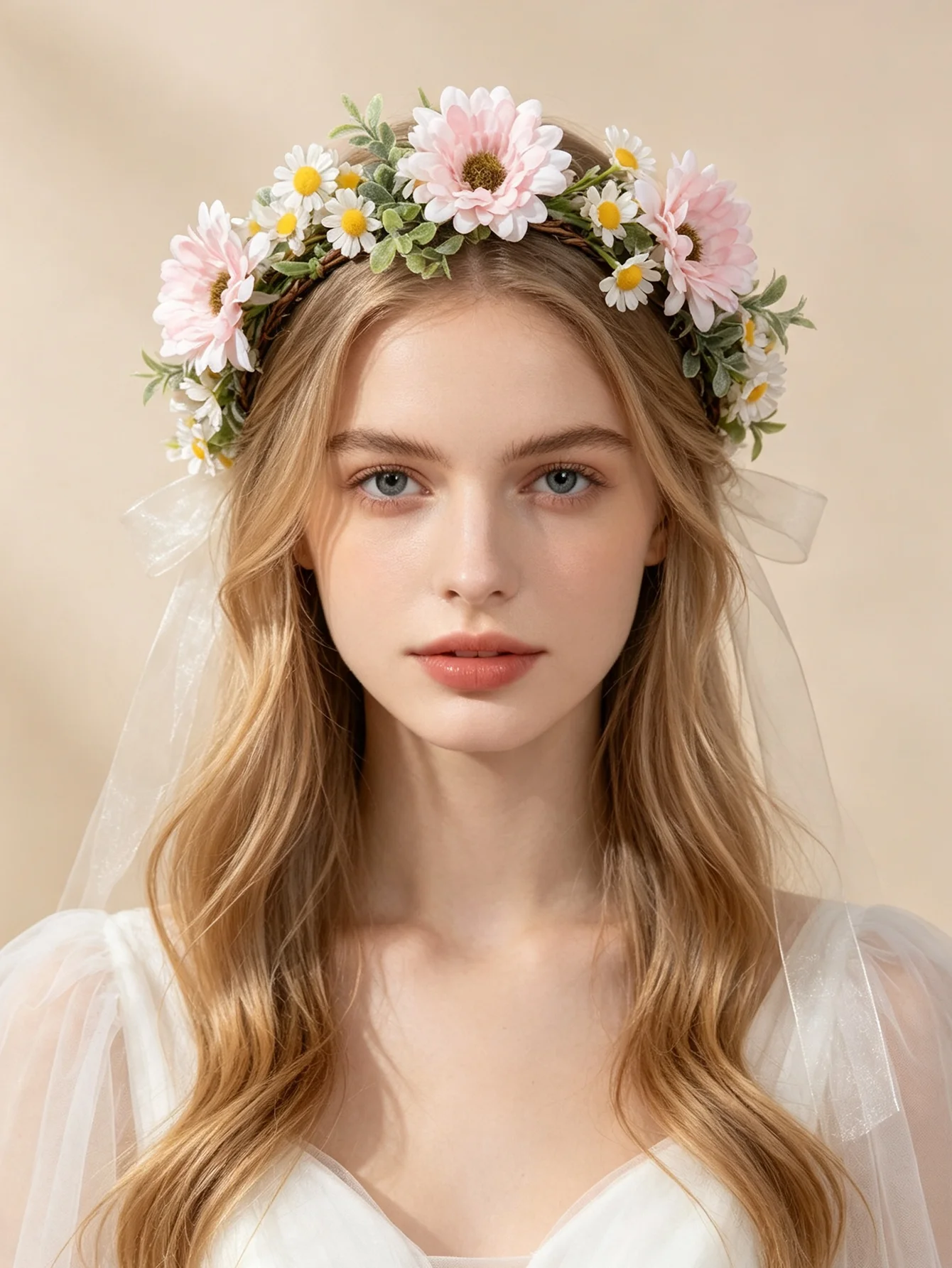Fairy-like pink and white small daisy flower wreath hairband, fairy's flowing veil, butterfly knot hair accessory, bridal hairpi
