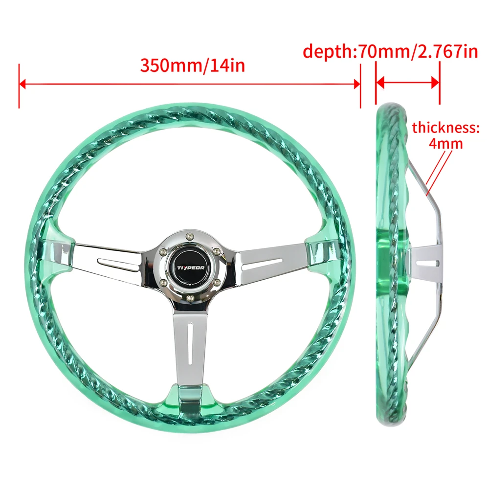 TIYPEOR 14 Inch Universal Sport Steering Wheel Hitman Green Crystal Acrylic Chain Drift Simulation Racing Game Steering Wheel