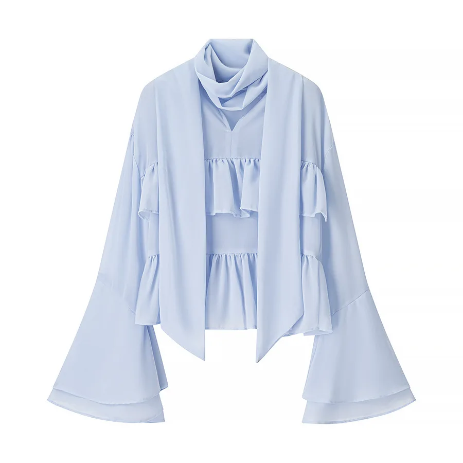 

Women's Vintage Translucent Loose Flare Sleeve Ruffles Tierred Shirts Lady Elegant Blue Chiffon High Street Layered Blouses