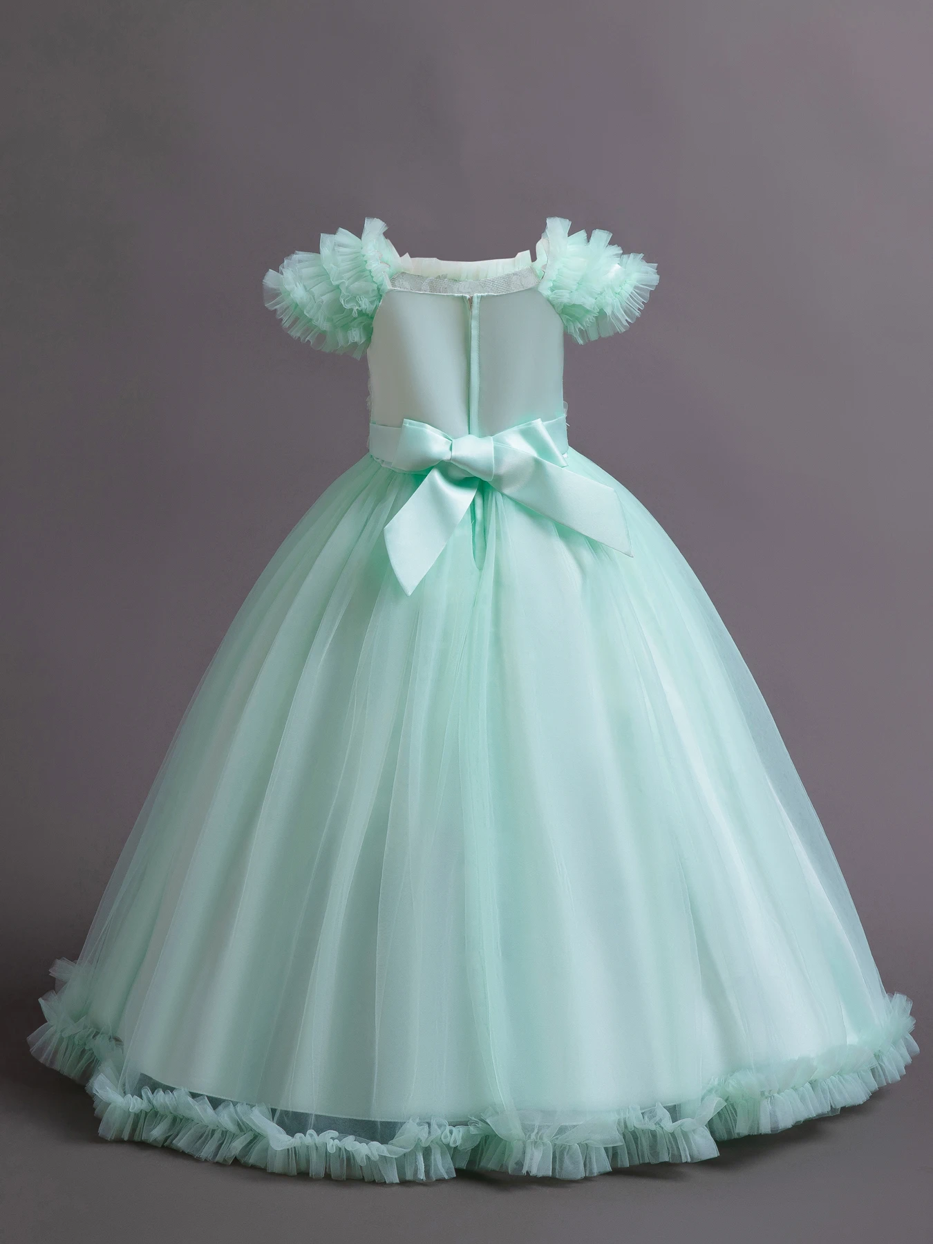 

W8060 Green Flower Girl Long Wedding Bridesmaid Dress Bow Short Sleeve Child Evening Dress