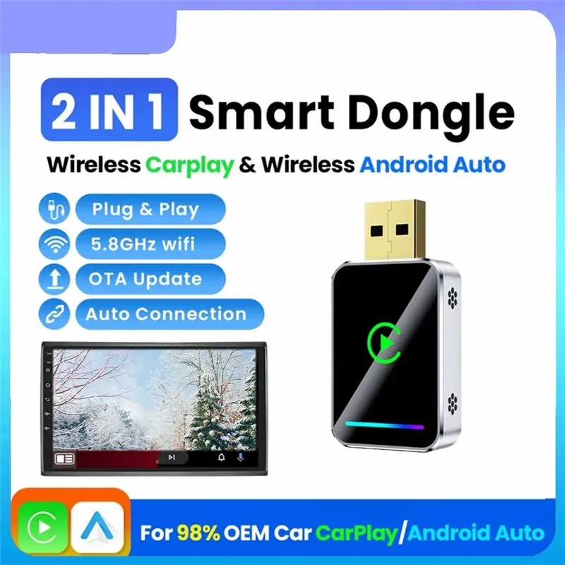 B86B 2in1 Wireless CarPlay Adapter for iOS Android Auto Mini USB Plug and Play