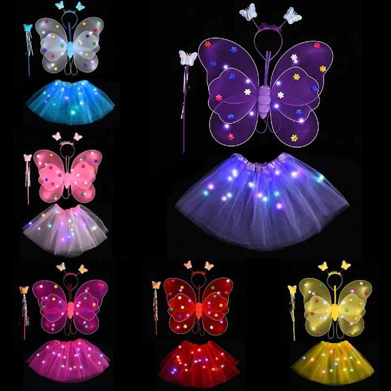 Glowing LED Butterfly Wing with Headband Magic Wand LED Tutu Skirts For Girls Cosplay Butterfly Props Children Birthday Gift