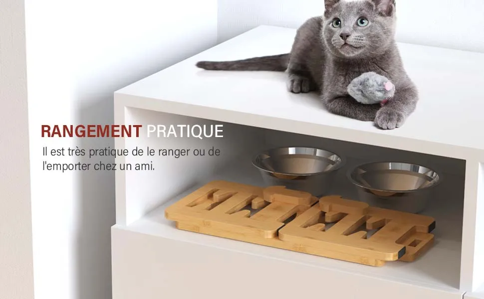 Maßgefertigter Erhöhter Bambus-Futterautomat für Katzen und Hunde mit 2 Edelstahlschüsseln – Detail 5