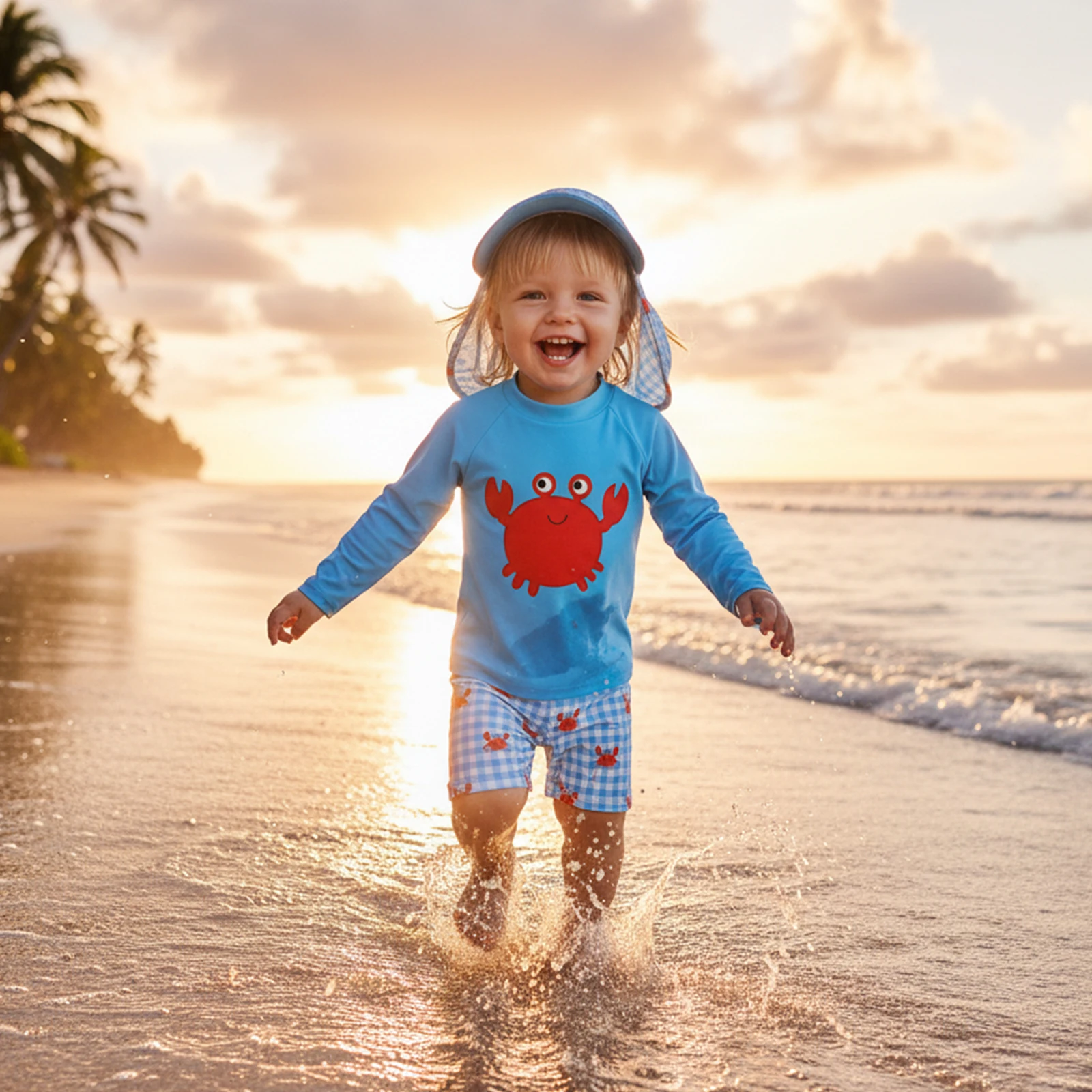 

Summer Kids Toddler Boys Rash Guard Swimsuits Long Sleeve Embroidery Print Tops Shorts Hat Swimwear Clothes Sets