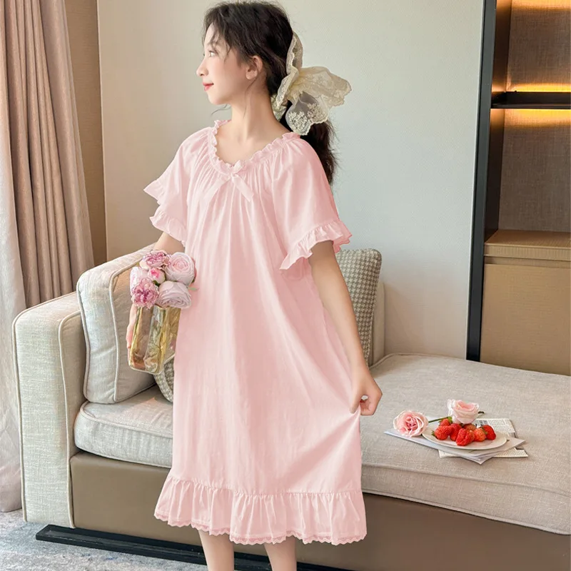 

Girls Lace Bow Nightgown Sweet Summer Thin Solid Color Comfortable Cute Loose Short Sleeved Nightgown