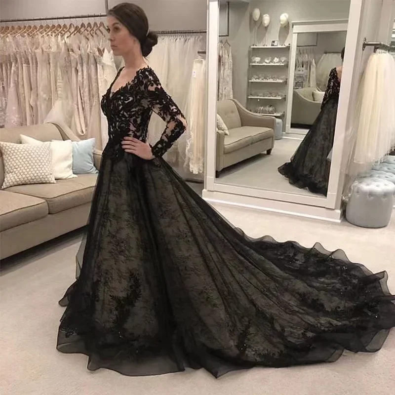 

Vestido De Noiva Black Wedding Dresses 2022 Long Sleeves V-neck Lace Bridal Gowns A-line Appliques Custom Made Wedding Dress