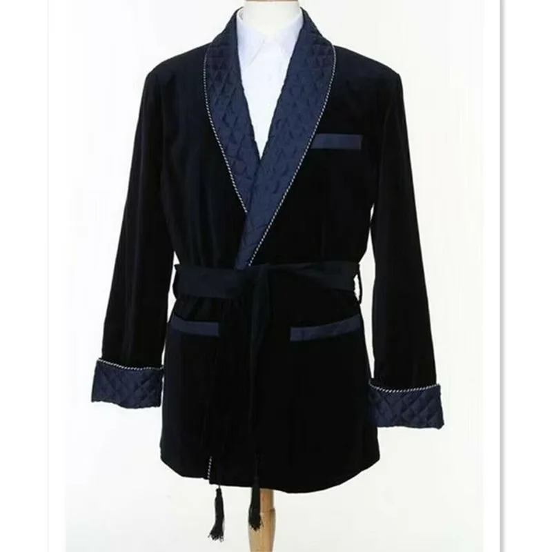 

Casual Black Men's Suits Jacket 1 Piece Velvet Smoking Blazer Customized Belt Shawl Lapel Homewear Male Clothing