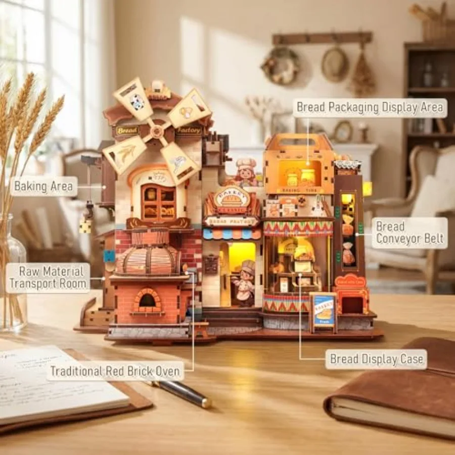 3D Wooden Puzzles for Adults - Mechanical Bread Factory Building with Music and Smoke Effect and Light Up Miniature Craft Kit w
