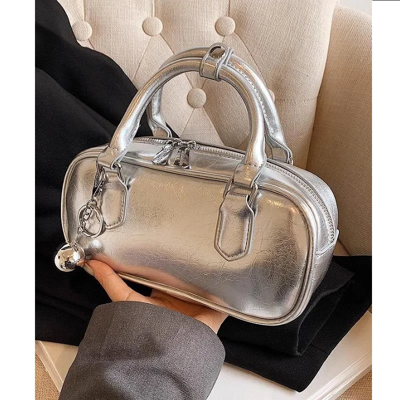 

New 2025 Bowling Bags For Women Hologram Laser Silver Handbags With Pendents Shoulder Messenger Bags High Quality Purses Bolsas