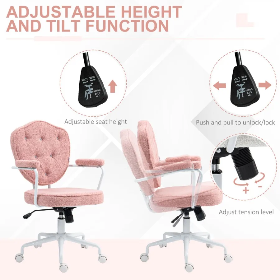 HOMCOM Cute Home Office Chair Computer Desk Chair with Button Tufted Teddy Bear Fleece Swivel Vanity Chair Pink