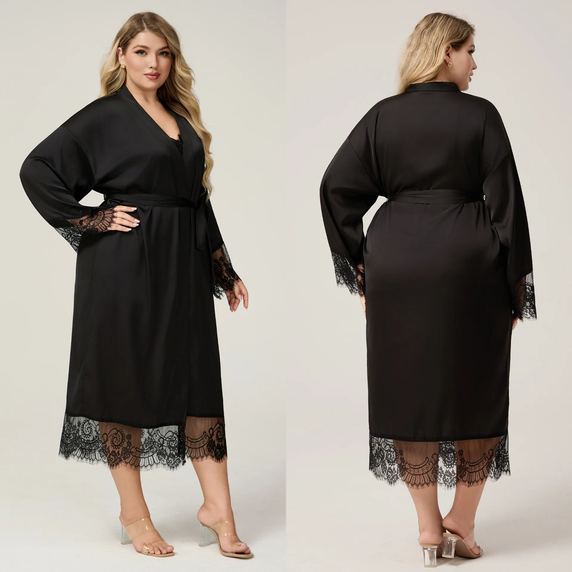 

Summer Long Robe Female Sleepwear Black Silky Satin Kimono Bathrobe Intimate Lingerie Loose Casual Home Lounge Wear