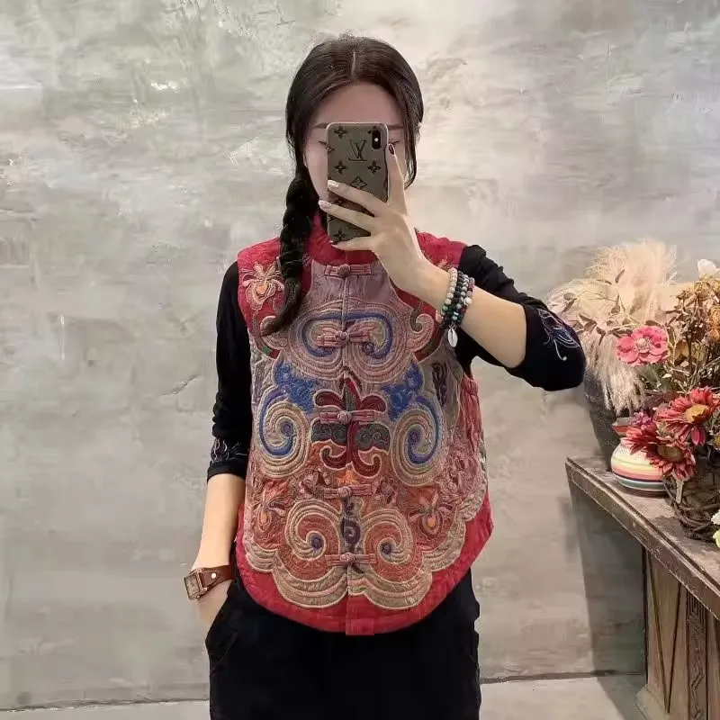 Chaleco bordado de estilo étnico chino Retro para mujer, novedad de primavera 2021, Top sin mangas, chaleco con cuello levantado de lino y algodón Jacquard