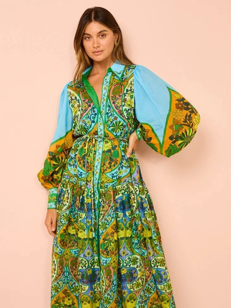 Robe mi-longue vintage à manches lanterne pour femmes, robe imprimée graphique, col rabattu, robe de soirée élégante, vacances décontractées, nouveau, 2024