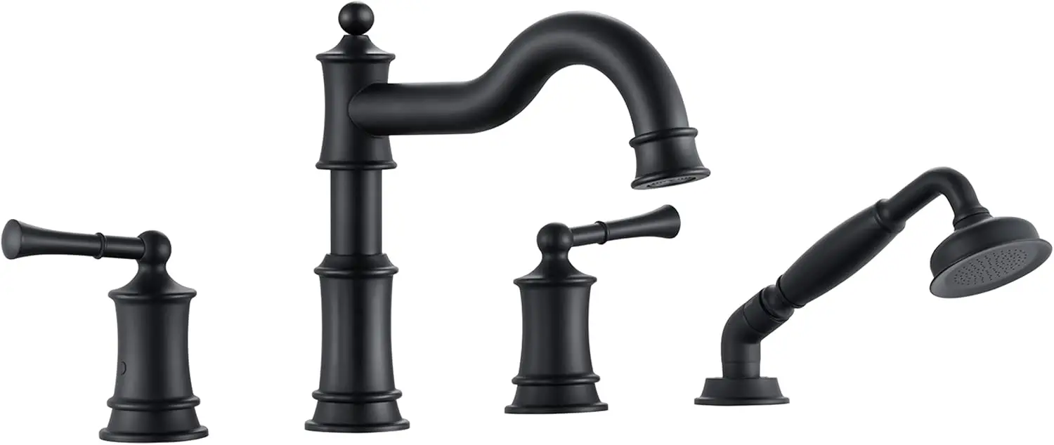 

Roman Bathtub Faucet Set With Hand Shower 4 Hole Deck Mount Tub Filler With Diverter 2 Lever Handle Rough-in Valve