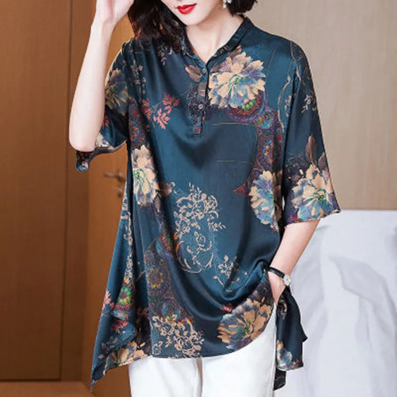 

plus Size Silk Simulation irt Women's Spring Summer Fat MM Lady Cover up Top V Ne Floral Pattern Commute Sle
