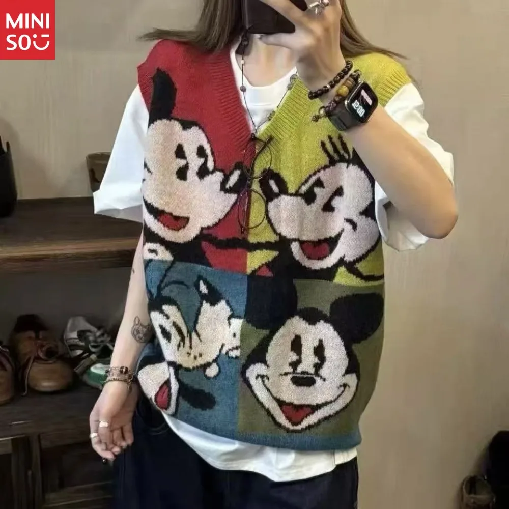 

Винтажный стиль Микки Маус Цвет - Блочный вязаный жилет Повседневный свободный свитер без рукавов с v-образным вырезом Эстетический модный трикотаж