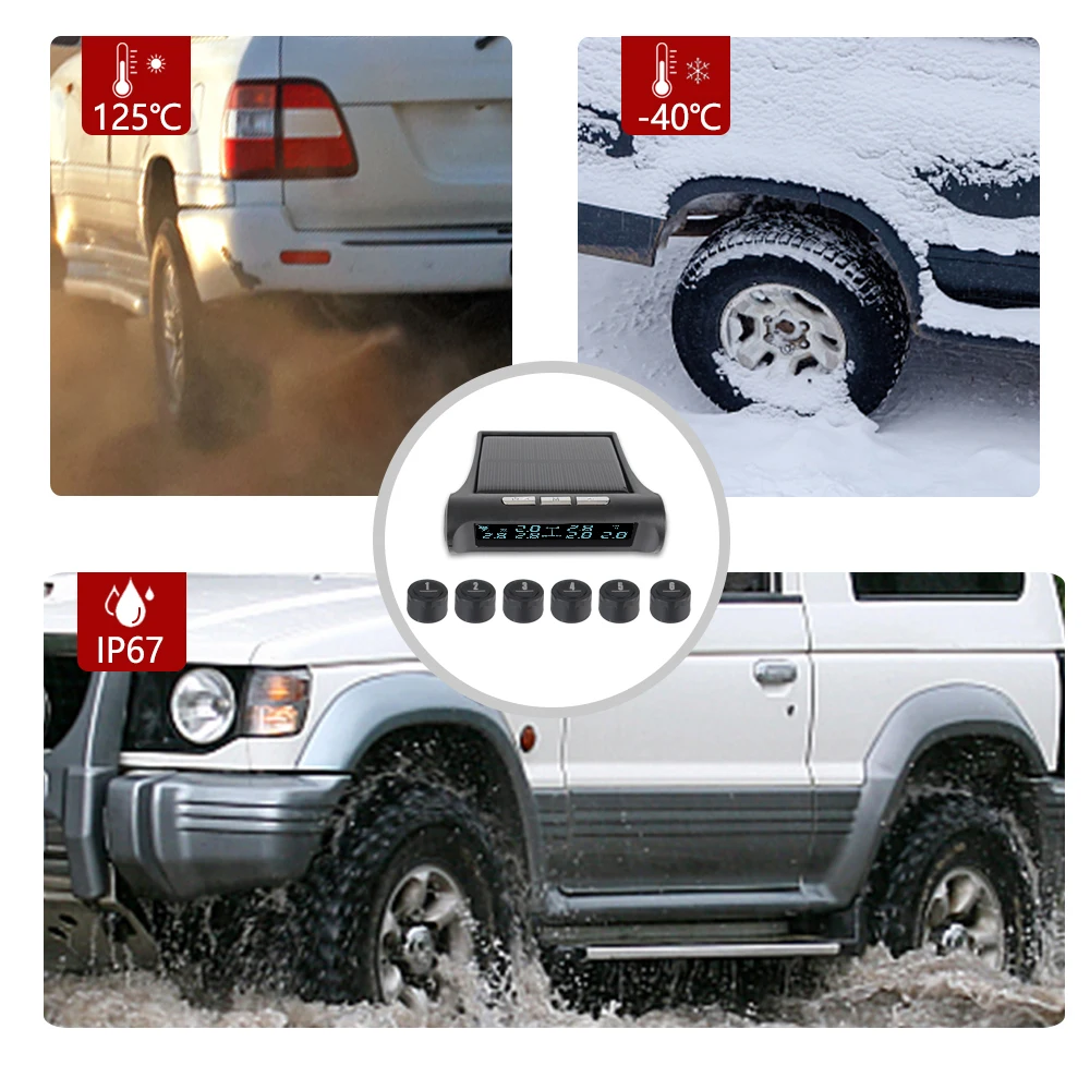 For Truck Bus Car With 6 External Sensors Tire Pressure Monitoring LCD Display Solar Power TMPS LCD Security Alarm